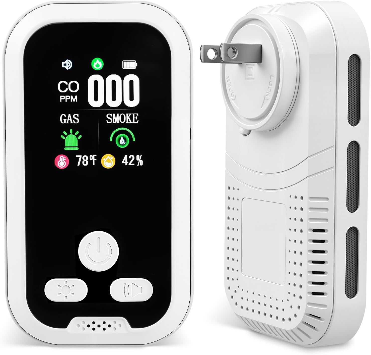 5-in-1 Plug in Gasoline & Smoke & Carbon Monoxide Detector, Mixture CO Alarm with Temperature(°F) & Humidity Constructed-in Backup Battery HD Display for Residence, RV, House (1 Pack)