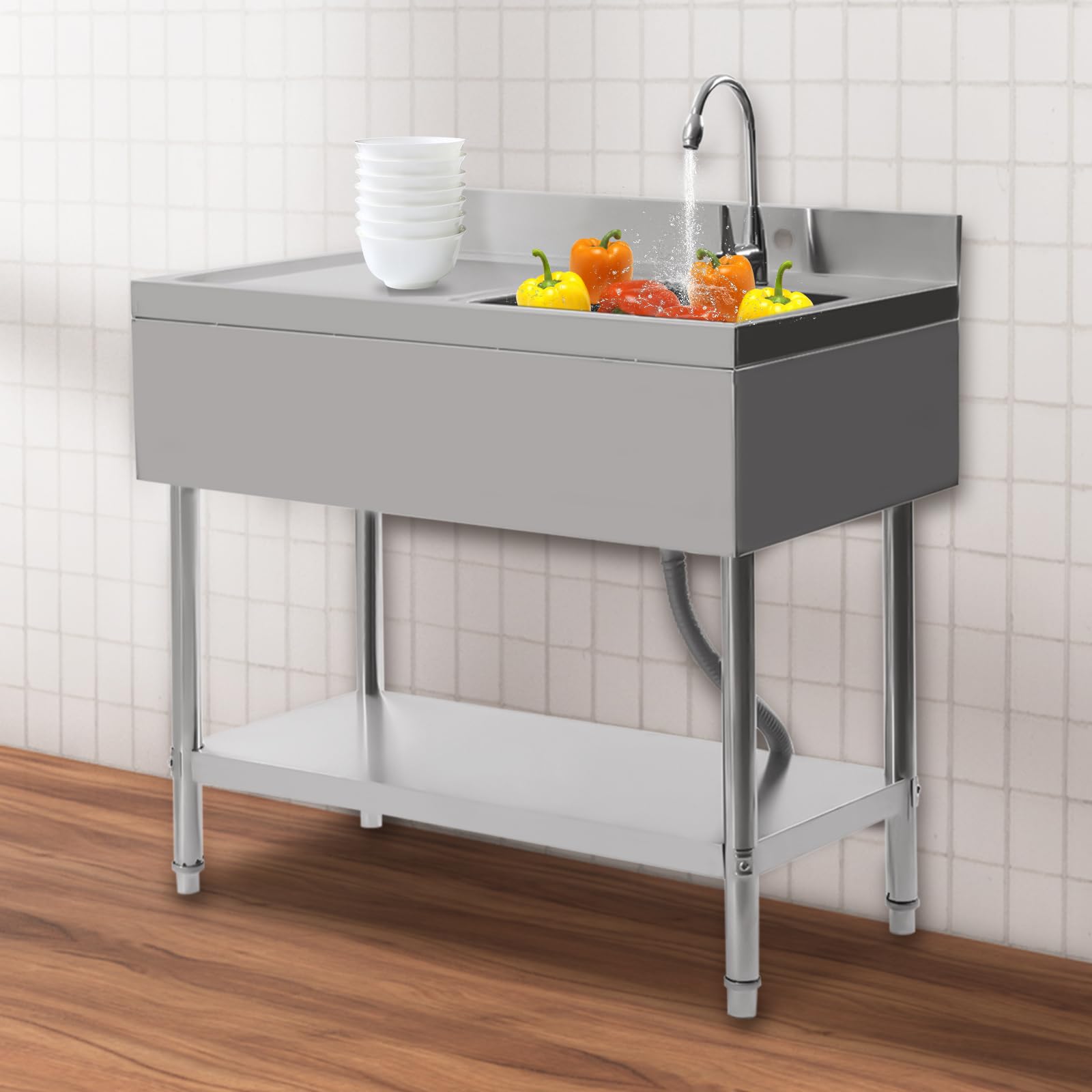 Edelstahlspüle mit 1 Becken (rechts) mit erhöhtem Boden, 100 x 60 x 80 cm, Küchenspüle, 1 Siebkorb und 1 Ablaufrohr für Zuhause, Restaurants, Badezimmer
