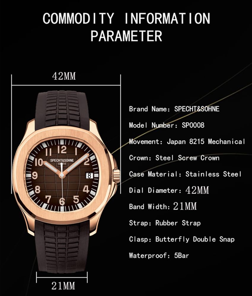 Specht & Söhne Zegarki męskie Japonia Miyota 8215 mechanizm zegarowy Sport Classic automatyczny mechaniczny zegarek męski na rękę, gumowa tasiemka, wodoszczelna, 40 mm