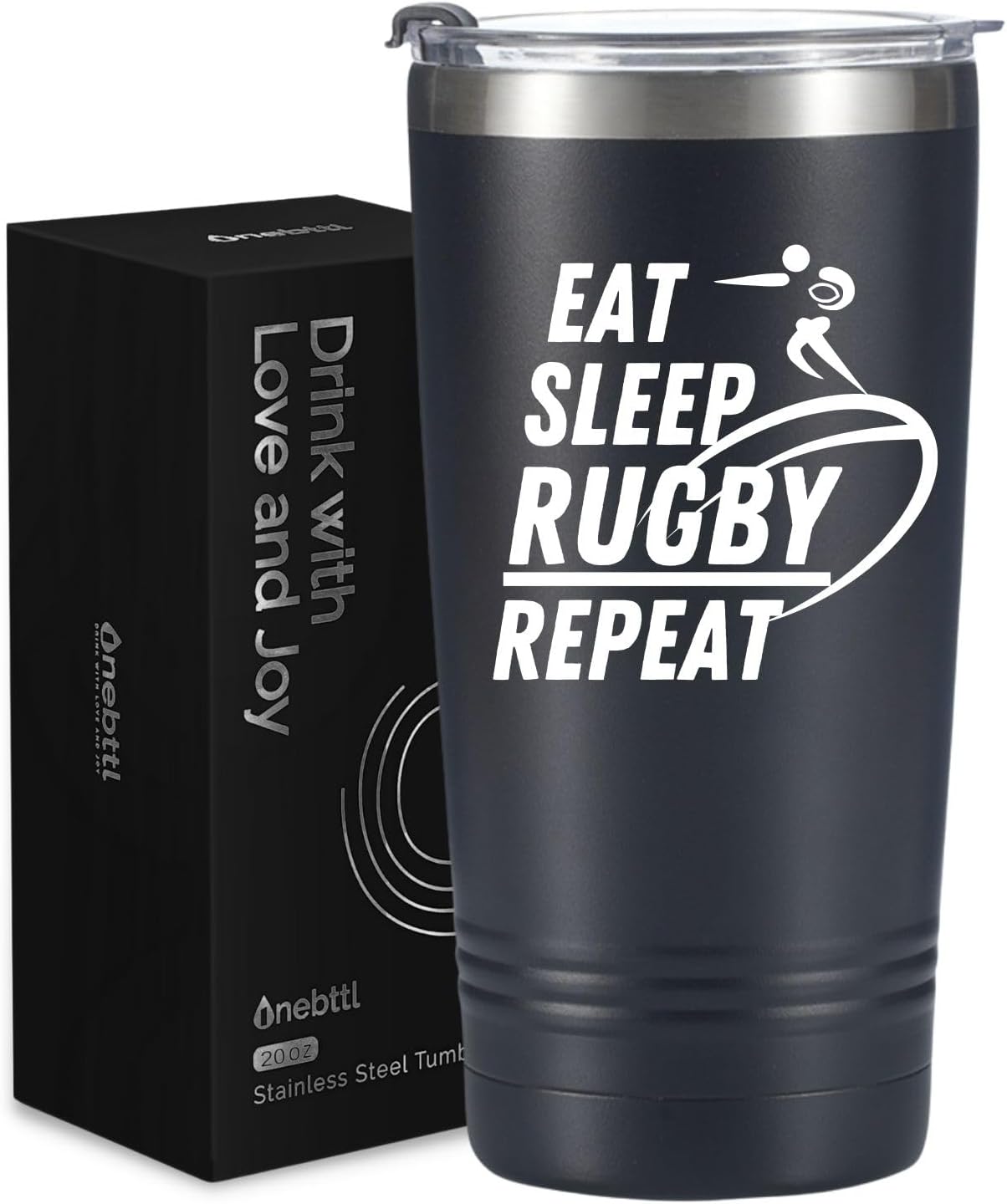 Onebttl Rugby Gifts - Eat Sleep Rugby Repeat, Coach Gifts for Men, 20 oz Travel Tumbler With Lid and Straw, Gift Box and Card Included