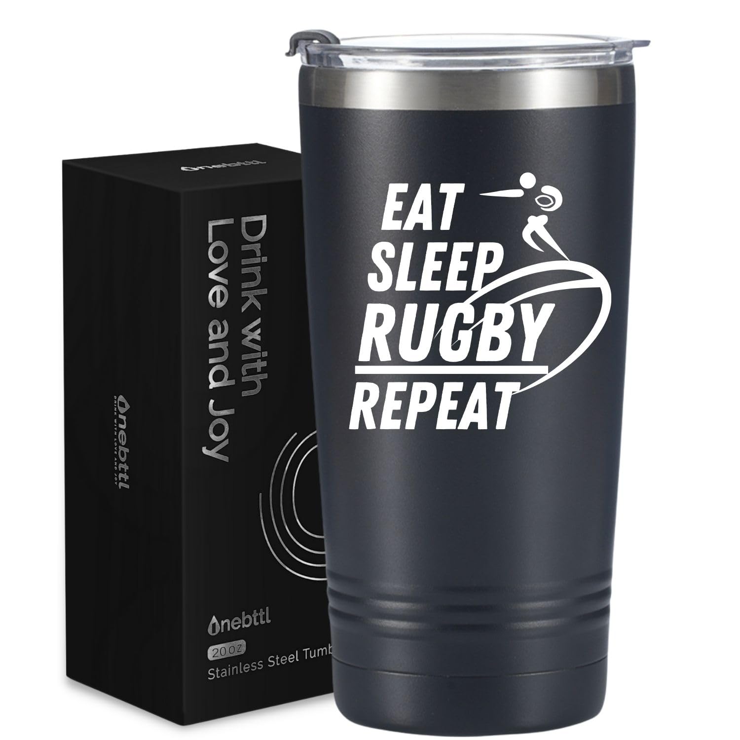 Rugby Gifts - Eat Sleep Rugby Repeat, Coach Gifts for Men, 20 oz Travel Tumbler With Lid and Straw, Gift Box and Card Included