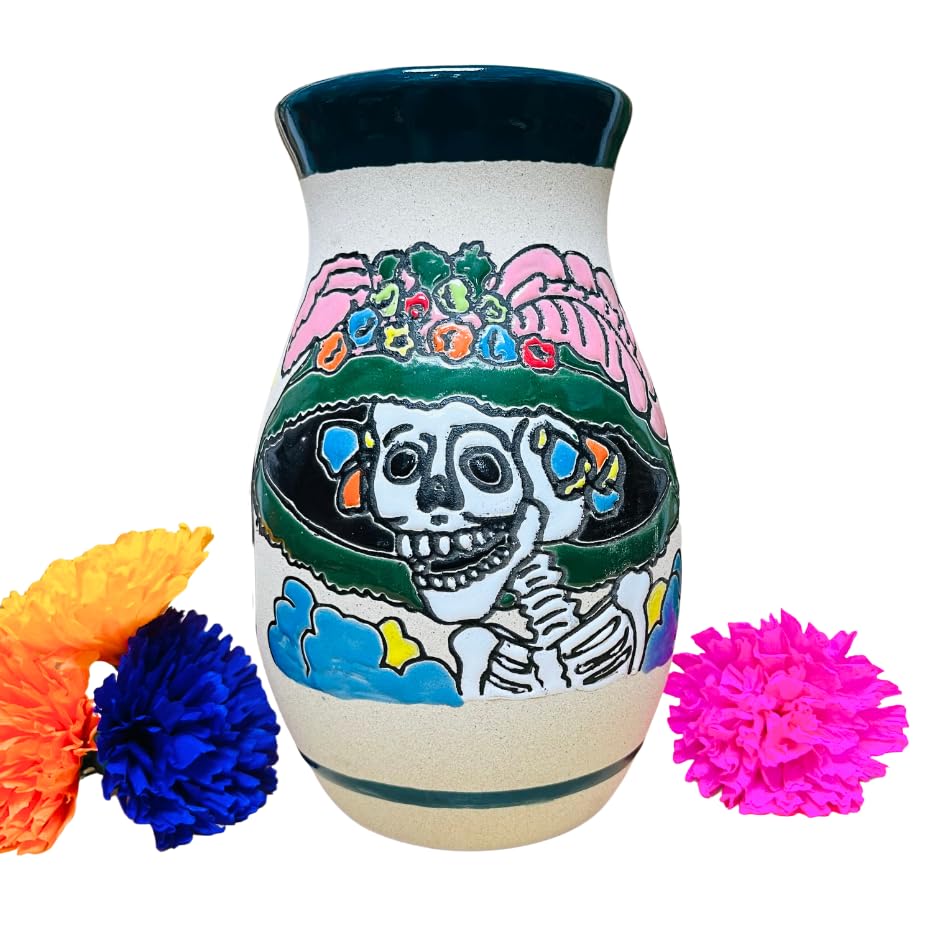 Florero Catrina - Mexican Home Décor - Home Decor - Mexican Vases - Mexican Pottery - Mexican Decor - Guelaguetza Designs (Green Rim)