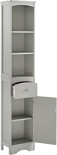 EEBABUO Armario de almacenamiento de baño torre de lino alta independiente de 67 pulgadas con puertas y estantes para muebles de almacenamiento del
