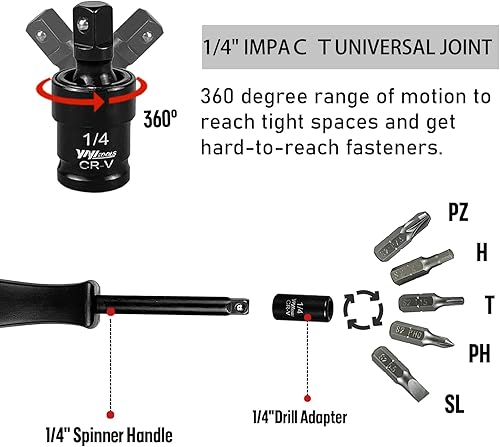 Miniatura 6 de Juego de llaves de vaso de impacto de 14 de pulgada, métricas (0.157-0.591 in) de profundidad y poco profunda, 6 puntos, CR-V, con mango de llave de