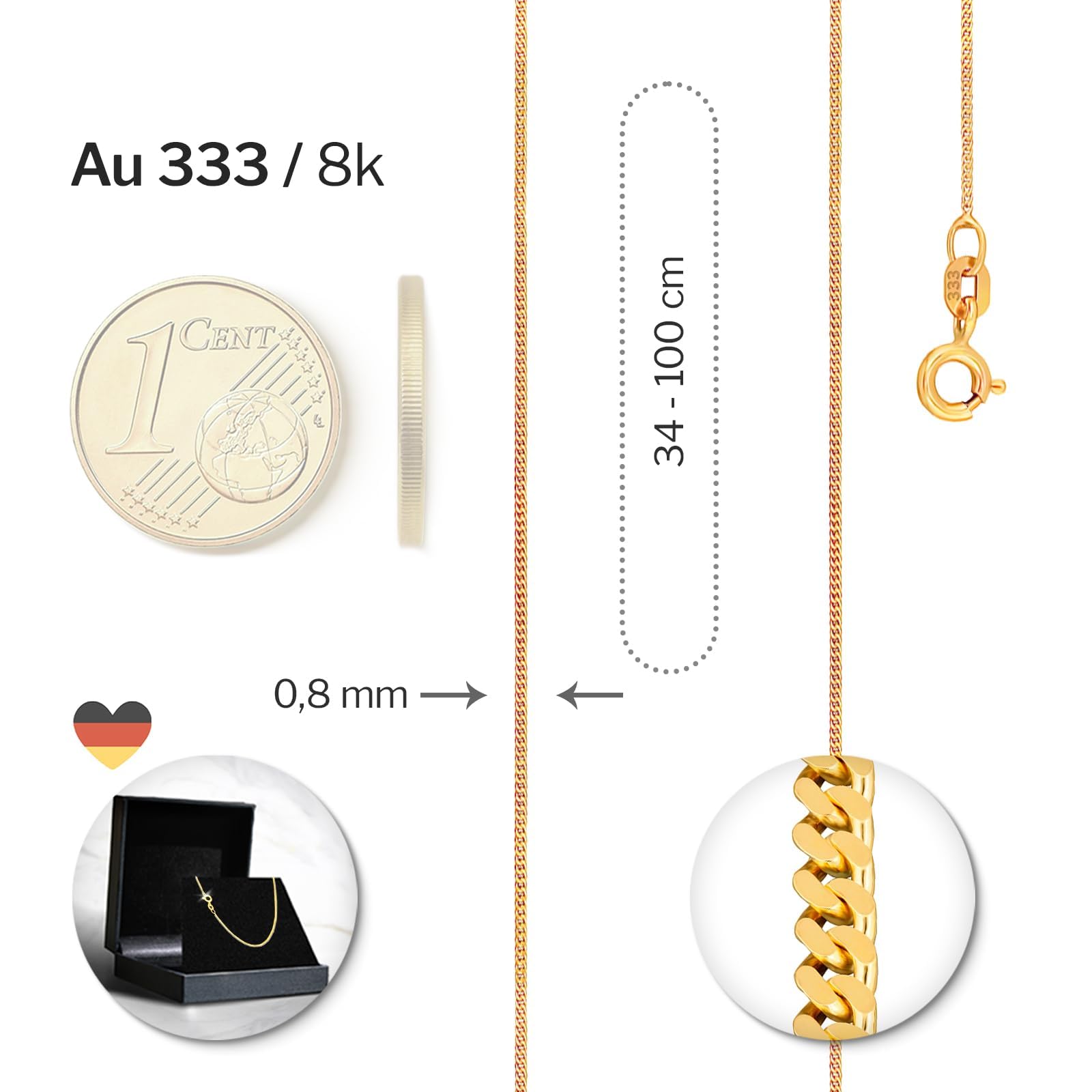 EDELIND Kette Gold Damen 333 585 Echtgold - feine Panzerkette 0,8 mm auch 375 750 - mit stilvoller Geschenkbox