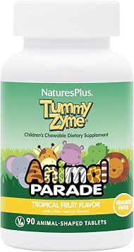 NaturesPlus Animal Parade Source of Life Childrens Chewable Digestive Aid - Tropical Fruit Flavor - 90 Animal Shaped Tablets - Contains Live Probiotics - Vegetarian, Gluten-Free - 90 Servings