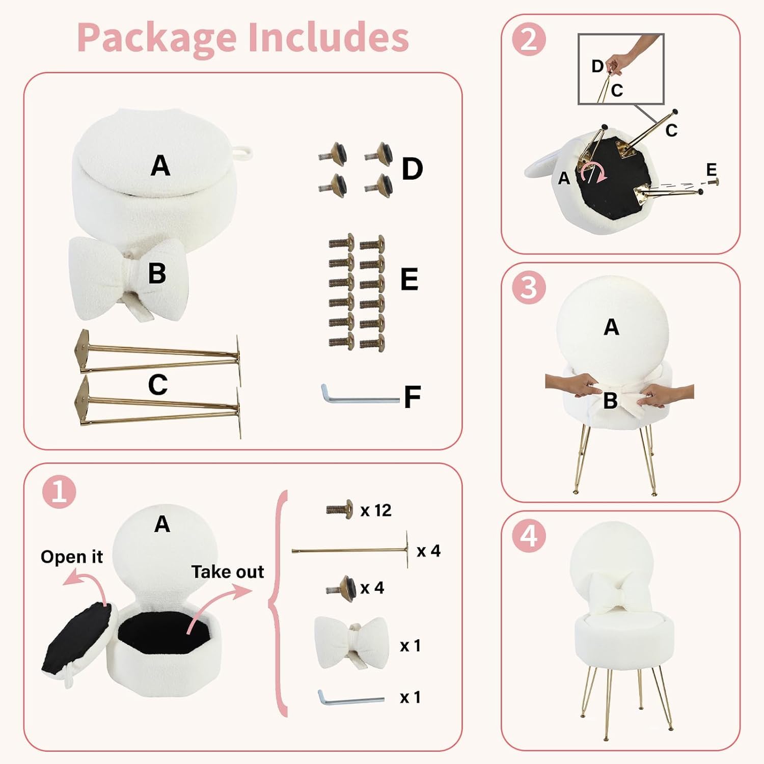 Tabouret Coiffeuse avec Rangement & Dossier Pliable