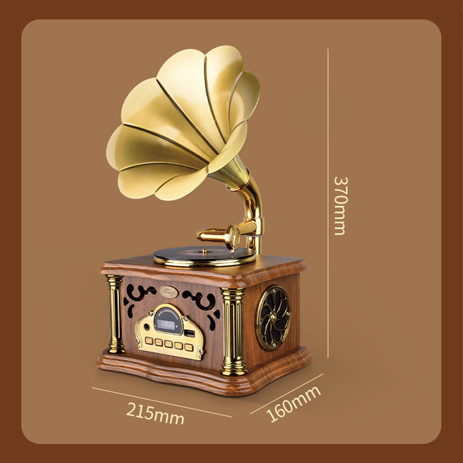 Głośnik I Odtwarzacz Muzyczny Bluetooth W Stylu Retro Z Radiem Fm, Kształt Gramofonu, Ozdoby Do Domu Wykonane Z Miedzi I Litego Drewna, Obsługuje Wejście Dysku U,Brown
