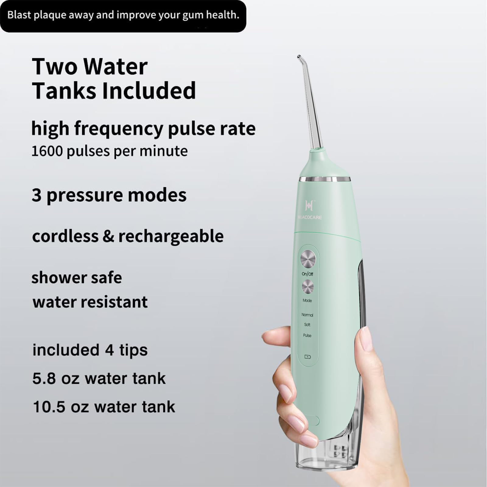 Irrigador dental dental equipado con dos tanques de agua para el hogar y viajes, irrigador bucal dental de 3 modos, portátil, IPX7 impermeable, potente duración de la batería, hilo dental de agua para