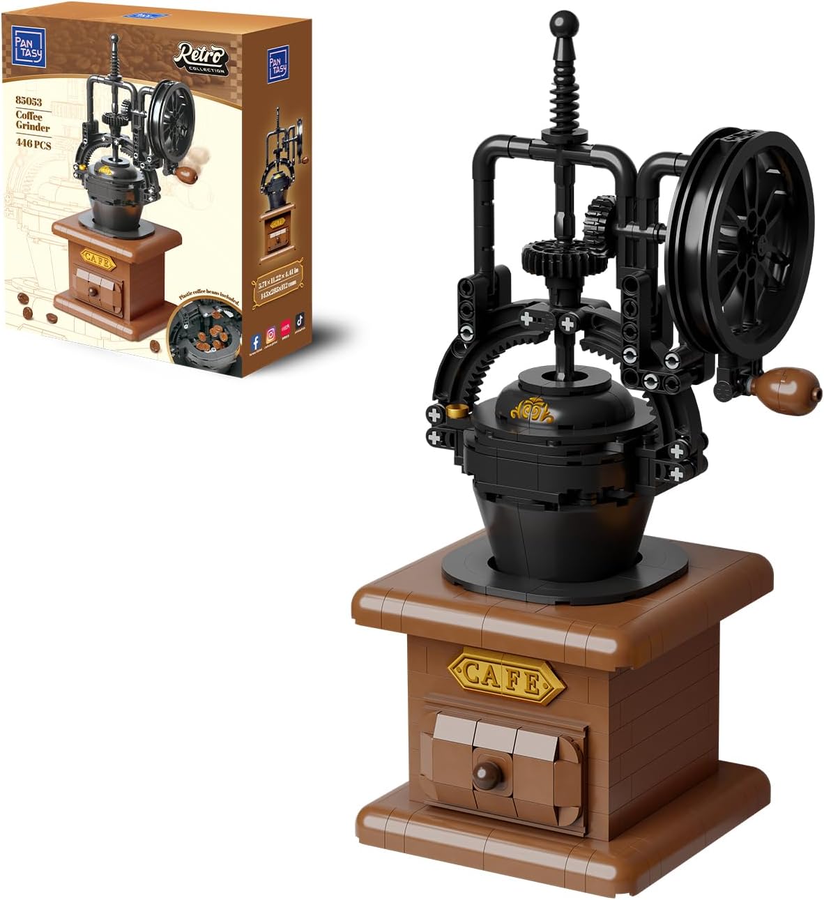 PANTASY Coffee Grinder Building Blocks Set, Vintage Hand Crank Mechanical Model, Moving Gears with Simulated Coffee Beans, Mini Coffee Shop Scene, Display Retro Decor for Adults Teens