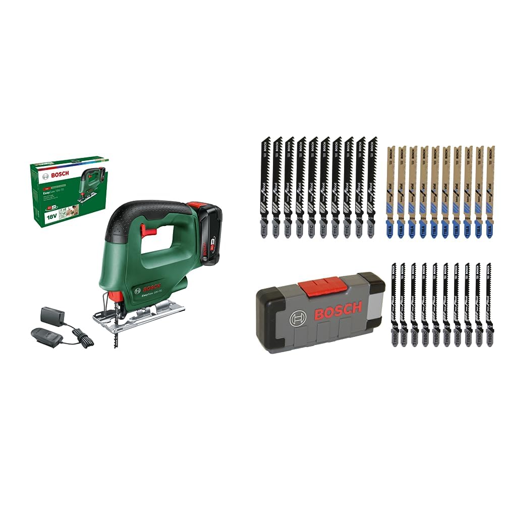 Bosch Akku Stichsäge EasySaw 18V-70 (2,0 Ah Akku, 18 Volt System, 1 Stichsägeblatt, Ladegerät AL 18V-20, im Karton) + 30tlg. Stichsägeblatt Set Basic for Wood & Metal (für Holz & Metall, Zubehör)