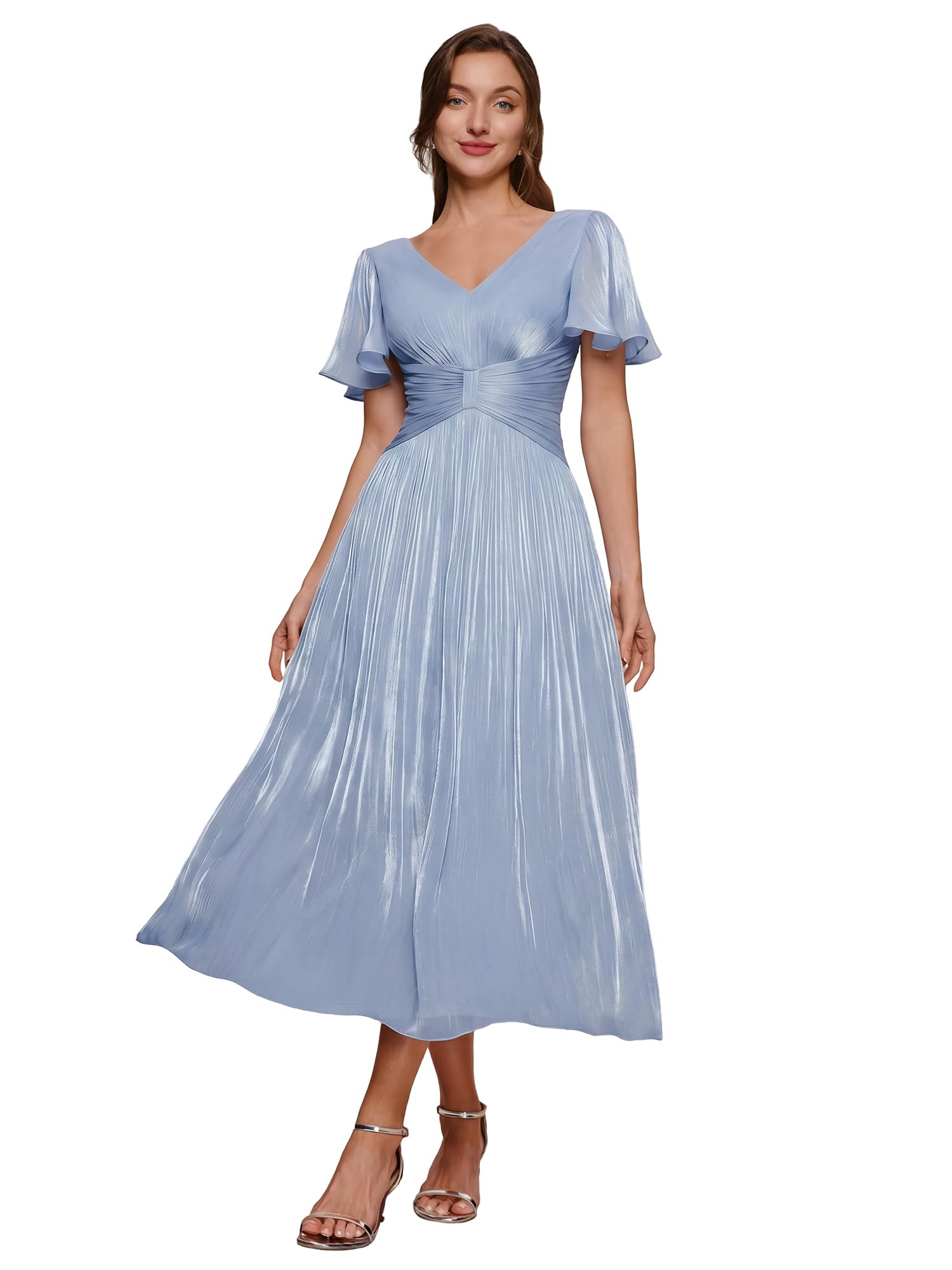 Ever-Pretty Vestito Donna Elegante Collo a V Maniche Corte Sea-Island Filament Fabrics Midi Gonna Svasata EG02770