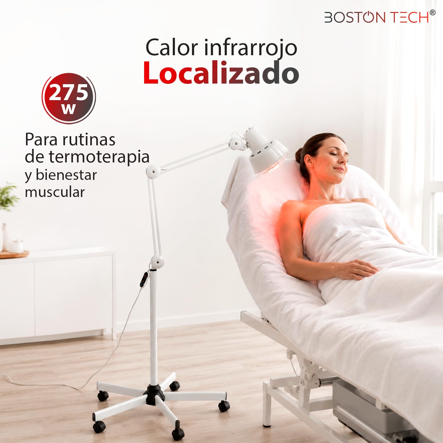 Boston Tech Lámpara Infrarroja WE108 275 W, Lámpara de Calor para Termoterapia y Fisioterapia, Base de 5 Patas con Ruedas, Mando, Temporizador, 3 Niveles y Accesorio de Mesa.