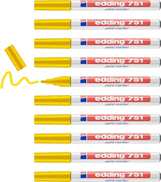edding 751 paint marker - yellow - 10 pens - round tip 1-2 mm - paint marker for marking and labelling metal, glass, rocks or plastic - heat-resistant, permanent, smudge-proof and waterproof
