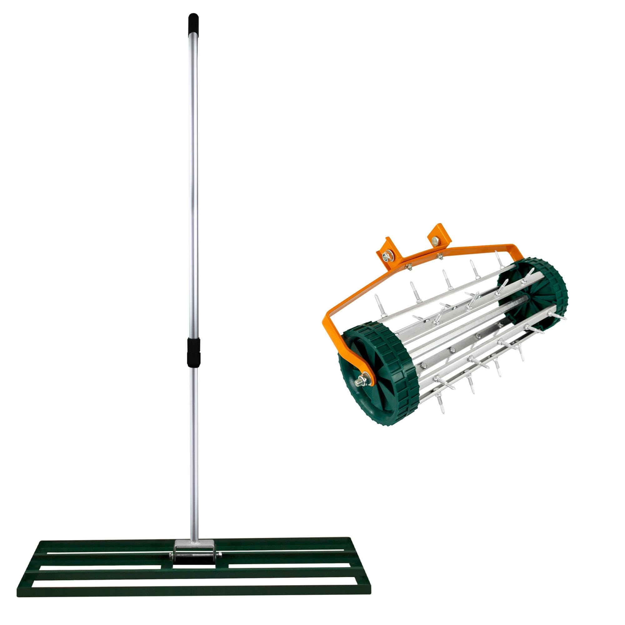 Lawn Leveller & Aerator Manual Grass Roller 3.8cm Spikes 100cm x 32cm Green Levelling Rake Lute Removable Dual Purpose Extendable Handle 1.15-1.9m Easy Grip Heavy Duty Steel Aluminium Garden Tool