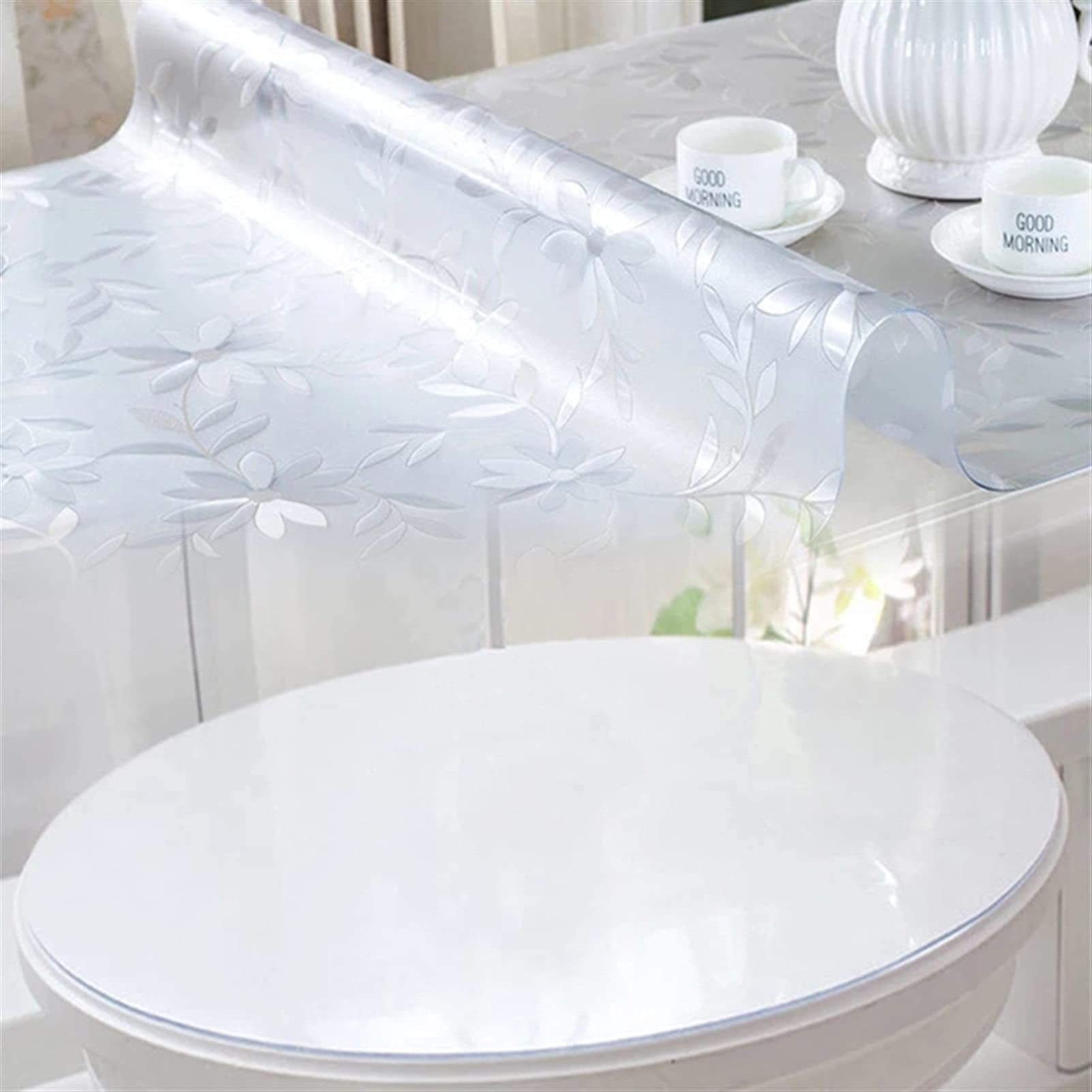 QBYRSSS Transparent Table Cover Protector Transparent Plastic Tablecloth Soft Glass Tablecloth PVC Table Cloth Cover 1. 0mm Strong Clear Plastic Wipeable Waterproof Protector(Flower,Round 40cm)