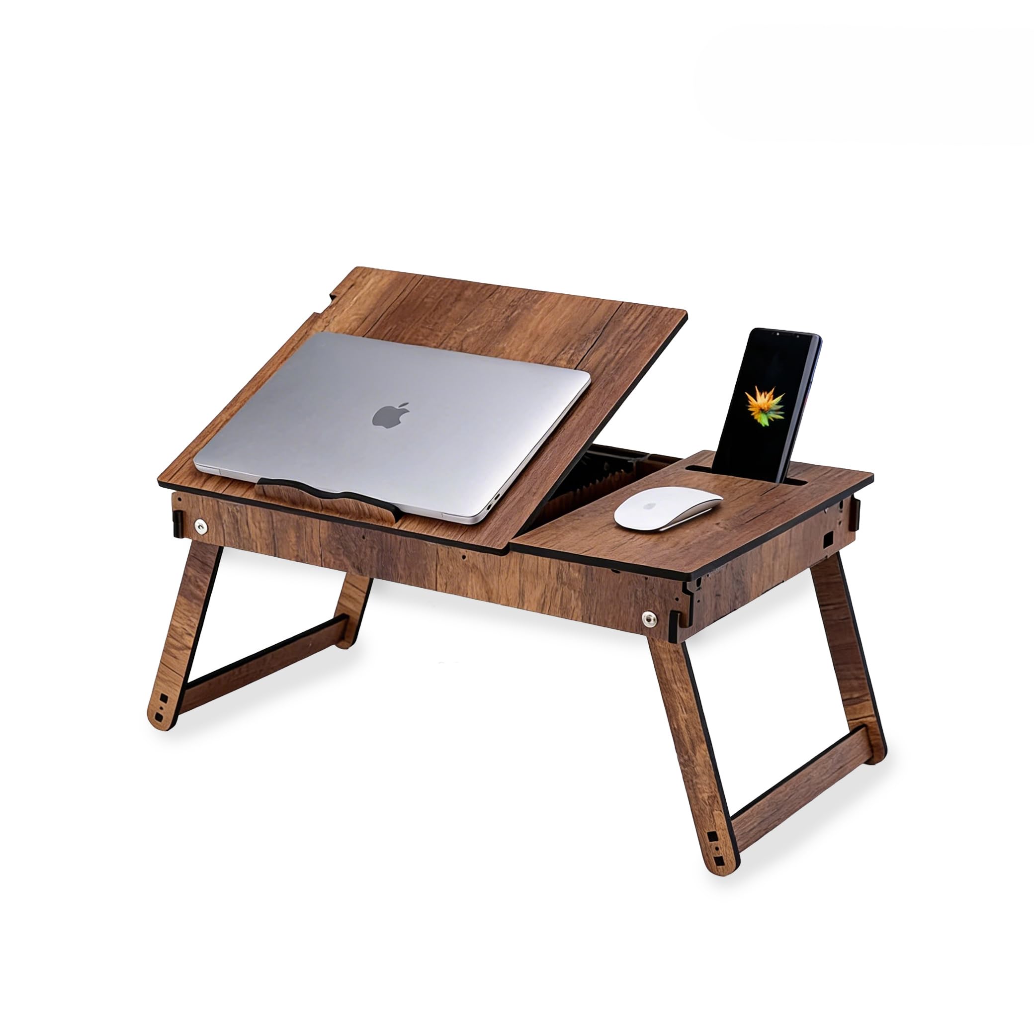 Vigo Wood Support pour Ordinateur Portable avec Inclinaison Réglable, Pieds Pliables et Espace de Rangement, Table de Lecture et Bureau de Travail (Noyer)