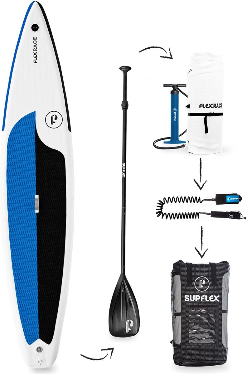 iSUP 12'6" FLEXRACE (6" Thick) Inflatable Stand Up Paddle Board Package - Board, Pump, Bag, Paddle & Free Leash