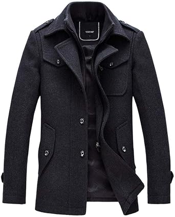 YOUTHUP Mens Wool Coats Casual Thick Short Winter Trench Coat Regular Fit Peacoat with Detachable Inner Collar