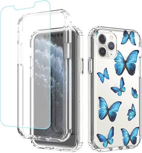 Funda para iPhone 11 Pro con protector de pantalla de vidrio templado, cuerpo completo transparente floral TPU Slim Funda protectora para Apple