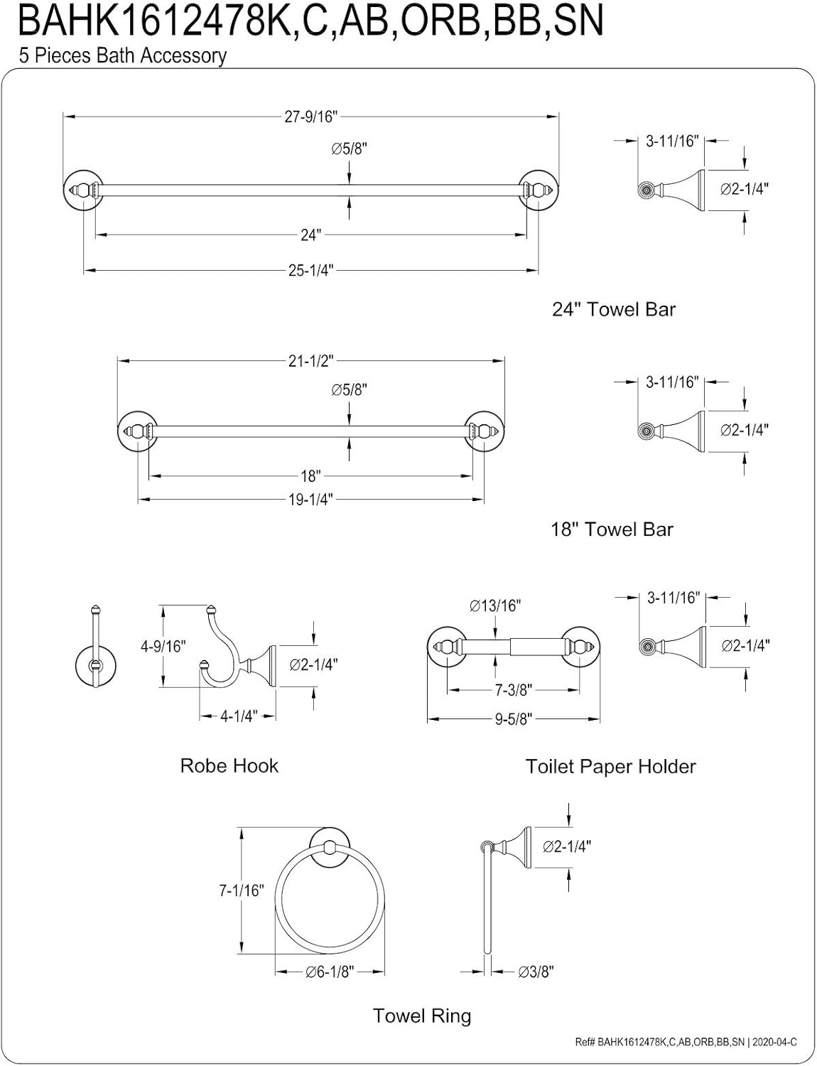 Kingston Brass Naples 5-Piece Accessory Set with 18" & 24" Towel-Bar, Towel-Ring, Robe Hook & Toilet Paper Holder, Oil Rubbed Bronze