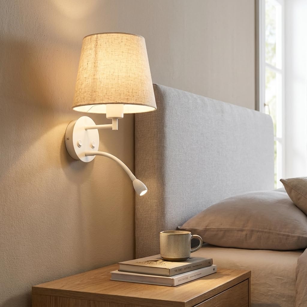 BARCELONA LED Aplique de Pared para Lectura MAR II con Casquillo E27 y Foco LED Flexible 3W 2400K Luz Cálida, Lámpara de Cabecero con Pantalla de Tela, Doble Interruptor, Blanco para Dormitorio