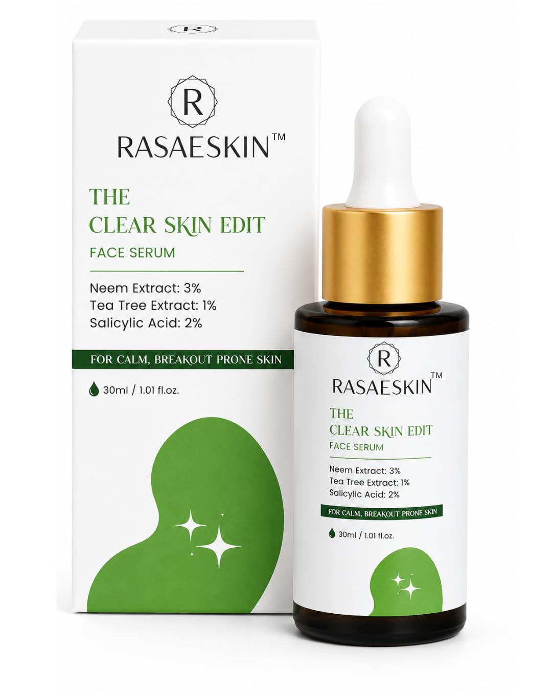 The Clear Skin Edit Face Serum by Rasae Skin | 3% Neem Extract, 2% Salicylic Acid, 1% Tea Tree Extract |Modern Ayurvedic Formulation | Reduces Acne | Clears Blackheads & Prevents Future Breakouts | Controls Excess Oil | For Men & Women & All Skin Type | 30ml-image-1