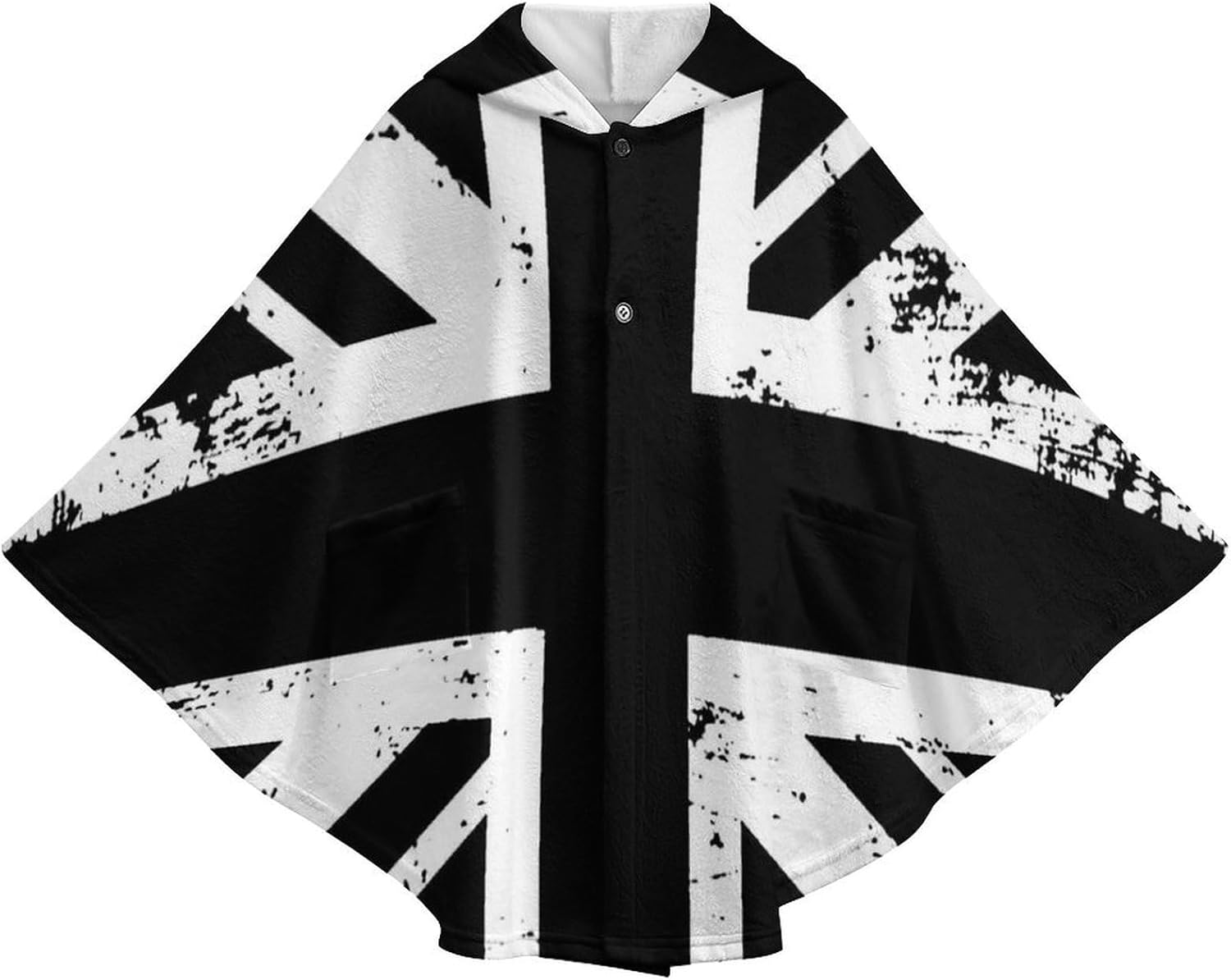 White And Black British Flag Wearable Blanket with Hooded Flannel Blankets Cape with Pocket