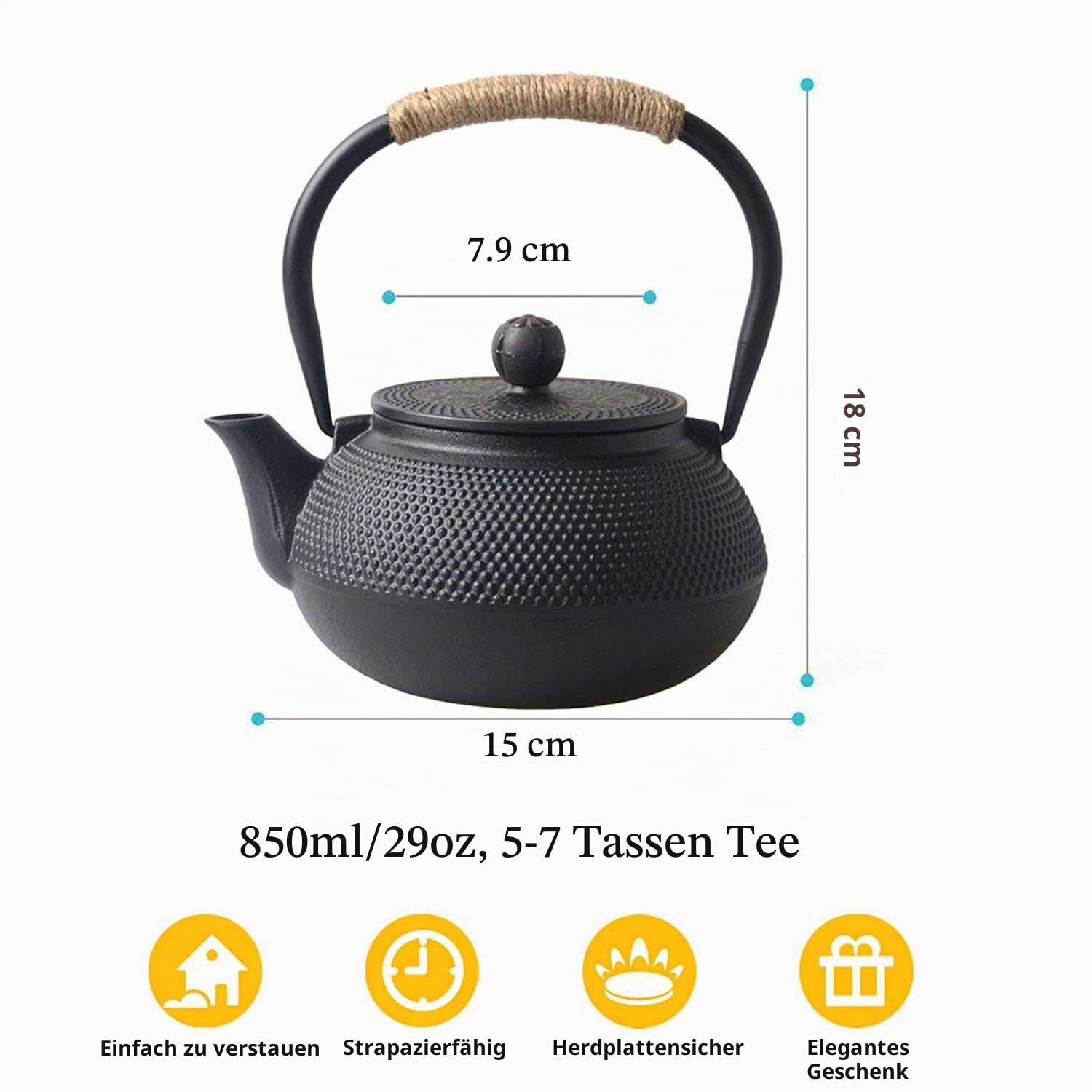 Gusseiserne Teekanne mit Teesieb für losen Blatttee und Teebeutel 800ml