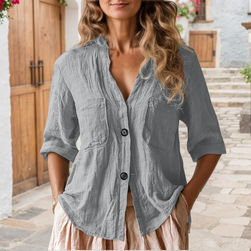 Women’s Casual Button Front Shirts Cotton Linen 3/4 Sleeve V Neck Solid Daily Work Tunic Tops with Pockets - Image 2