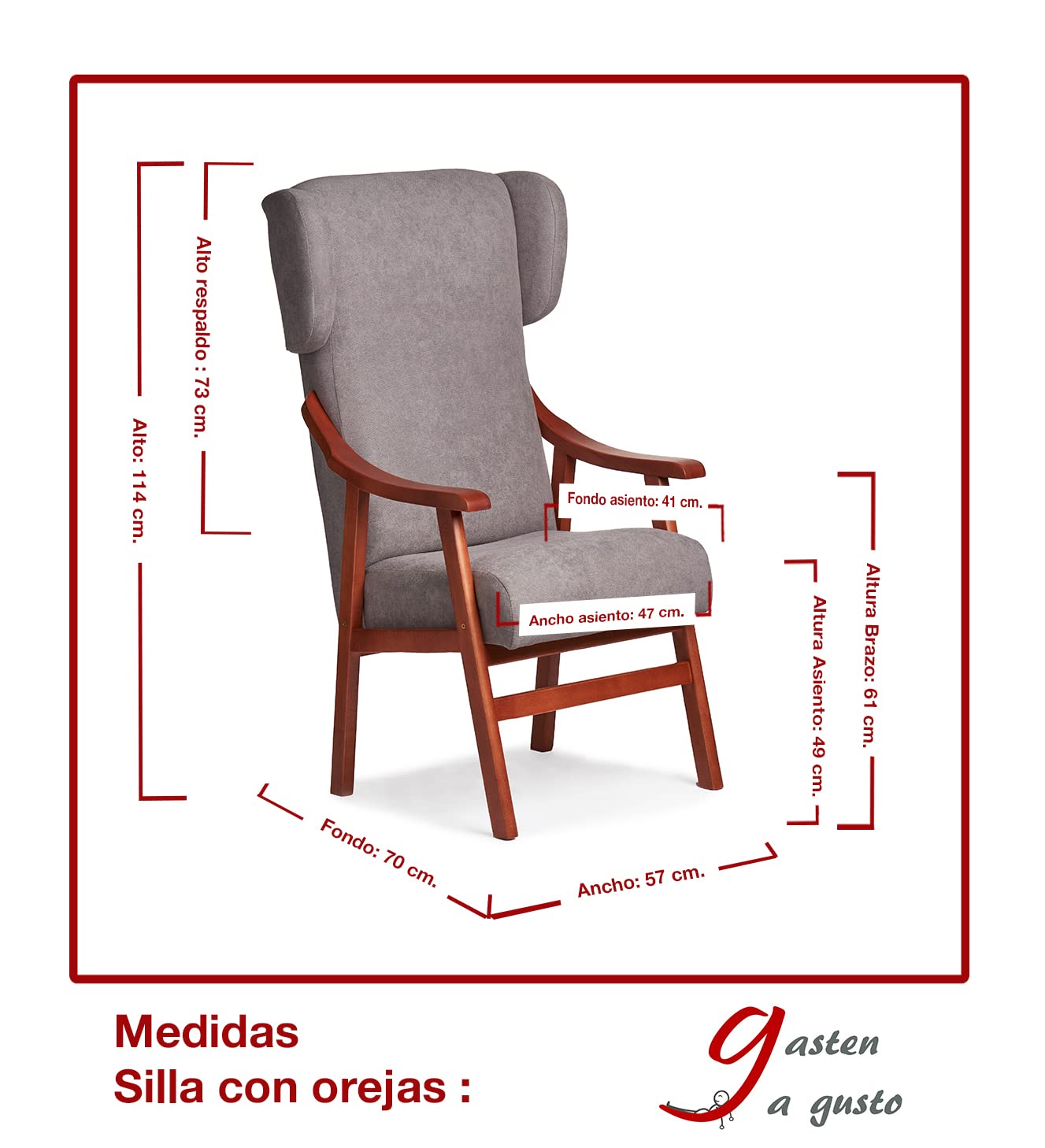 Abuelo a Gusto- Silla con Brazos Modelo Goya y Orejas apoya-Cabeza. Madera Color: Cerezo (Medidas: 117 * 69 * 57 cm) Tela Antimanchas: para Personas Mayores o geriátrico. Prótesis de Cadera. Gris