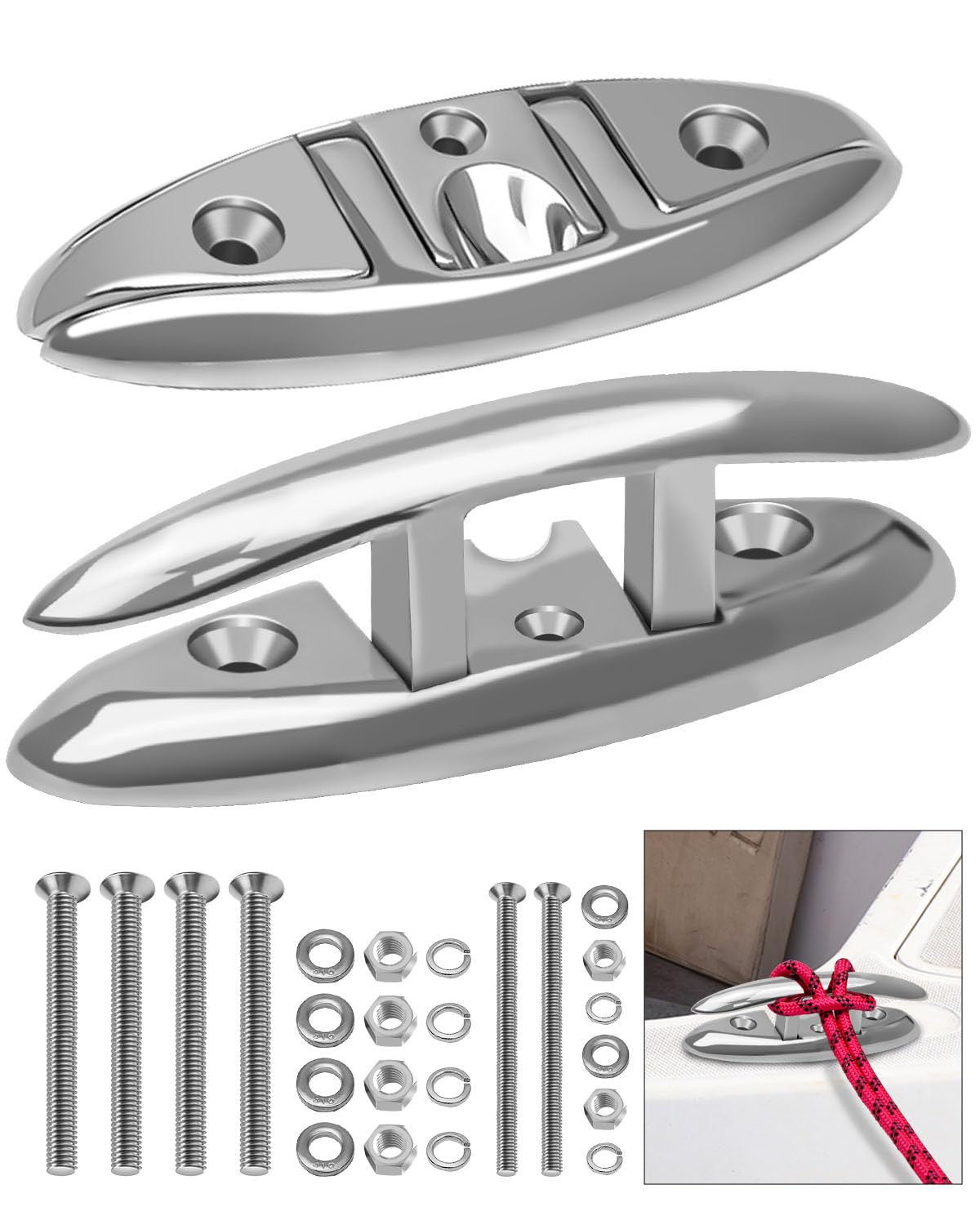 HZSIFU 2PCS Boat Cleat 5 Inch, Marine 316 Stainless Steel Folding Flip up Rope Dock Cleats with Screws and Locking Nuts for Pontoon Yacht Kayaks Sailboat Powerboat Canopy Boat Houseboat Piers Decks
