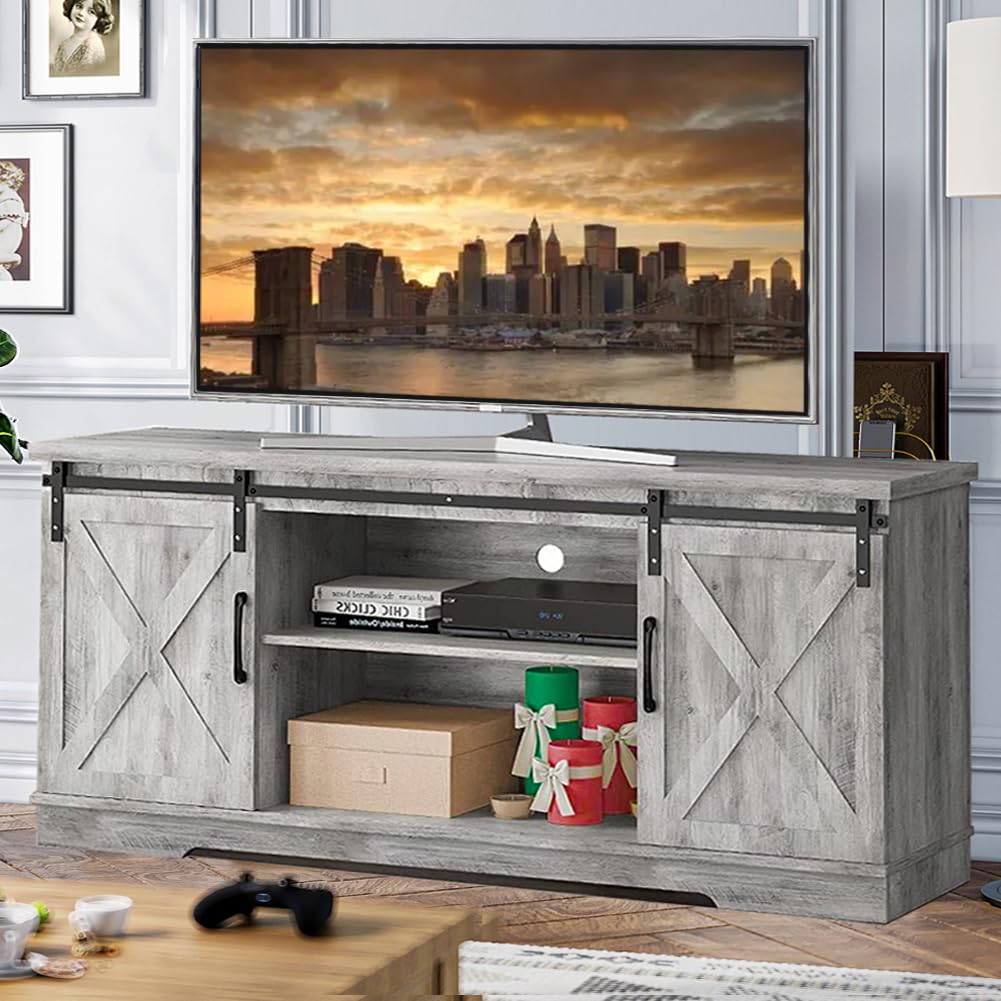 GAOMON Farmhouse TV Stand - Modern Entertainment Center for 65 Inch TVs, Barn Door Console Table with Storage & Shelves - Grey Living Room Furniture