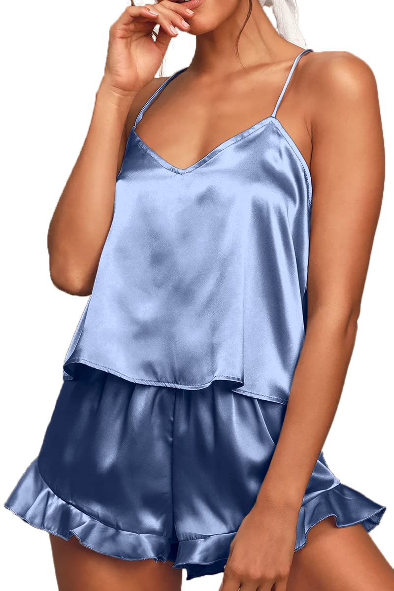 CHYRII Women's Sexy Silk Satin Ruffled Pajamas Sets Cami Shorts Sets Sleepwear