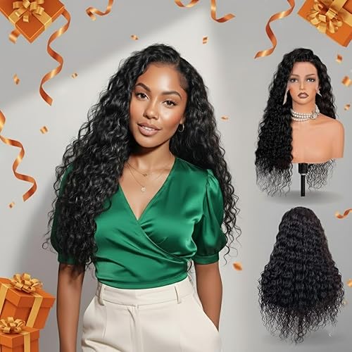 30 Inch Deep Wave Lace Front Wigs Human Hair, 13x6 HD Wet and Wavy Lace Front Wigs, Curly Human Hair Wig, 180 Density Deep Wave Wig, Pre Plucked & Glueless, Natural Color