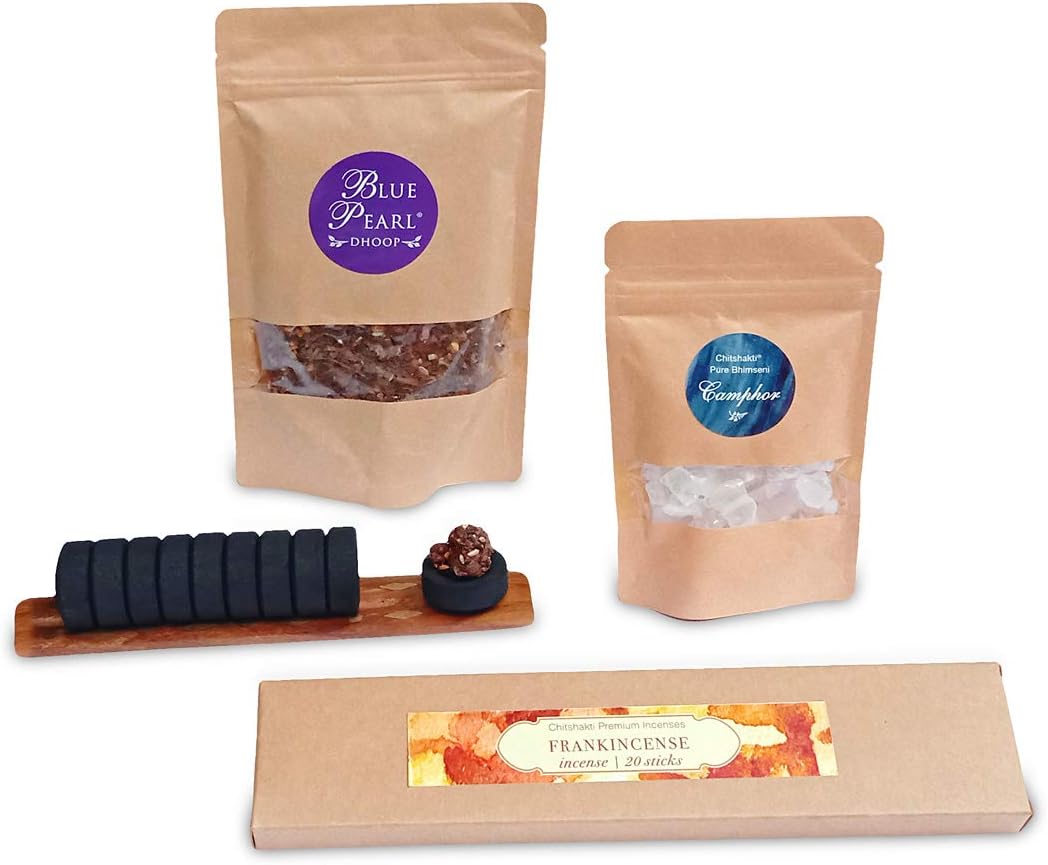 Chitshakti Purification Kit | Pure Bhimseni Camphor | Blue Pearl Dhoop with Charcoal | Frank Incense | Set of 3