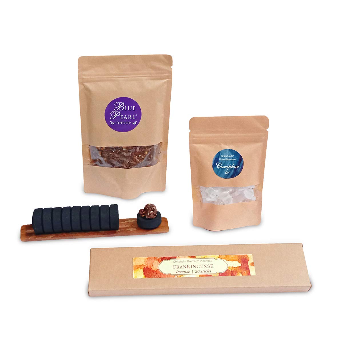 Chitshakti Purification Kit | Pure Bhimseni Camphor | Blue Pearl Dhoop with Charcoal | Frank Incense | Set of 3