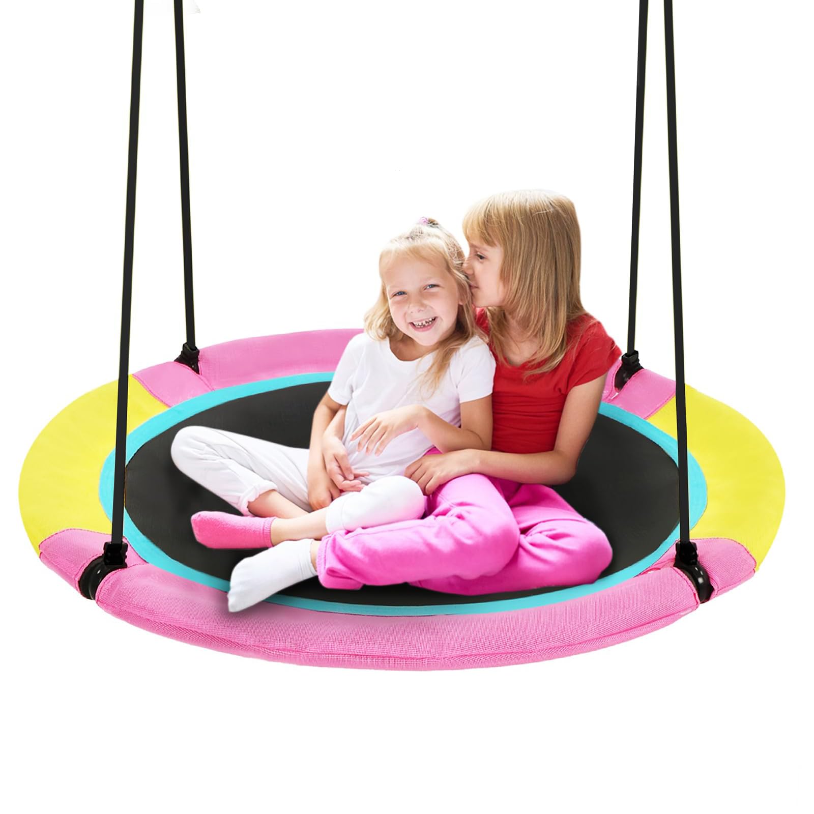 HOTJUMP 40 Inch Saucer Tree Swing for Kids Outdoor, Textilene Fabric Tear & UV Resistant Waterproof, Round Disc Circle Swing with Adjustable Hanging Straps, Swing Set for Backyard Garden, Pink