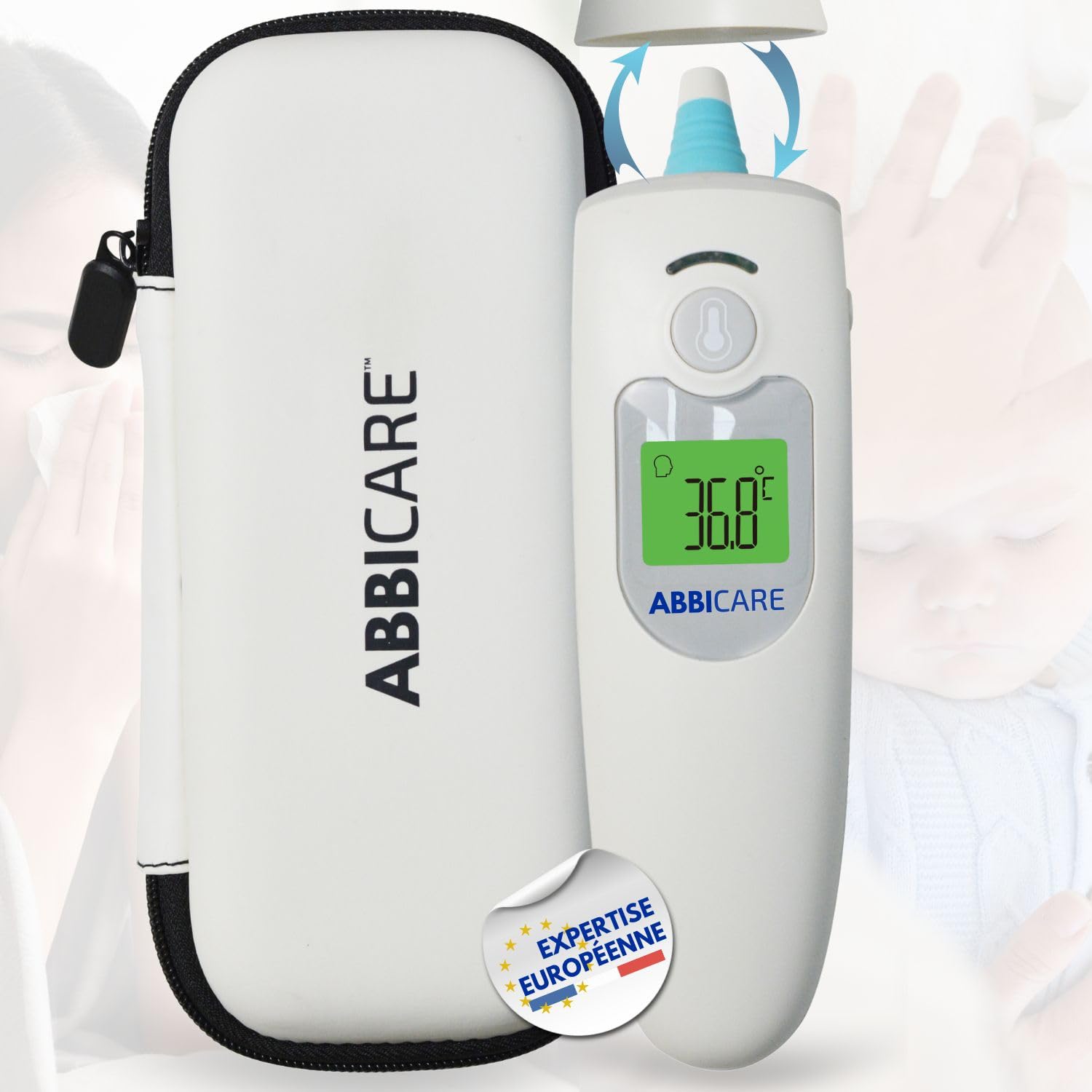 Termometro medico sin contacto ABBICARE™ infrarrojo digital | Frontal y auricular | Niño y adulto – Medición rápida en 1 segundo con estuche – Alta precisión – Uso doméstico y profesional