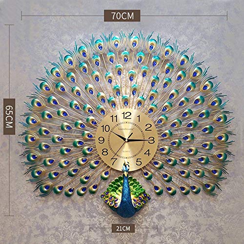 Image of Peacock European Style Luxury Living Room Analog Clock 3D Diamonds Non-Ticking Silent Creative Personality Metal Large Crystal Quartz Art Wall Decorative Clock (Blue Peacock Clock)