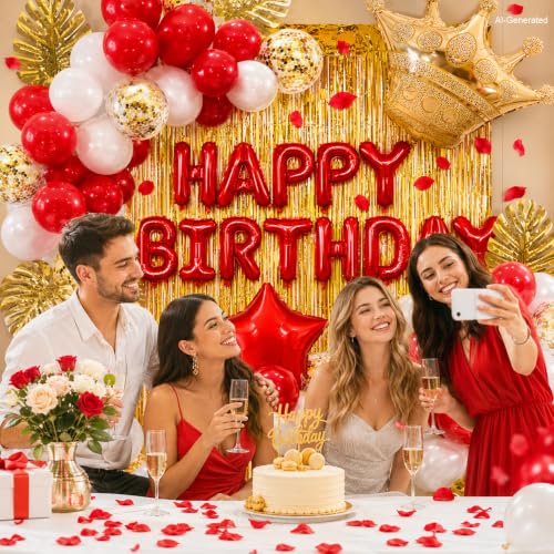 Image of Red Birthday Decorations for Girls | Red Party Decorations, White Gold Confetti Balloons, Curtain for Bithday Baby Shower Wedding Anniversary Bachelorette Party