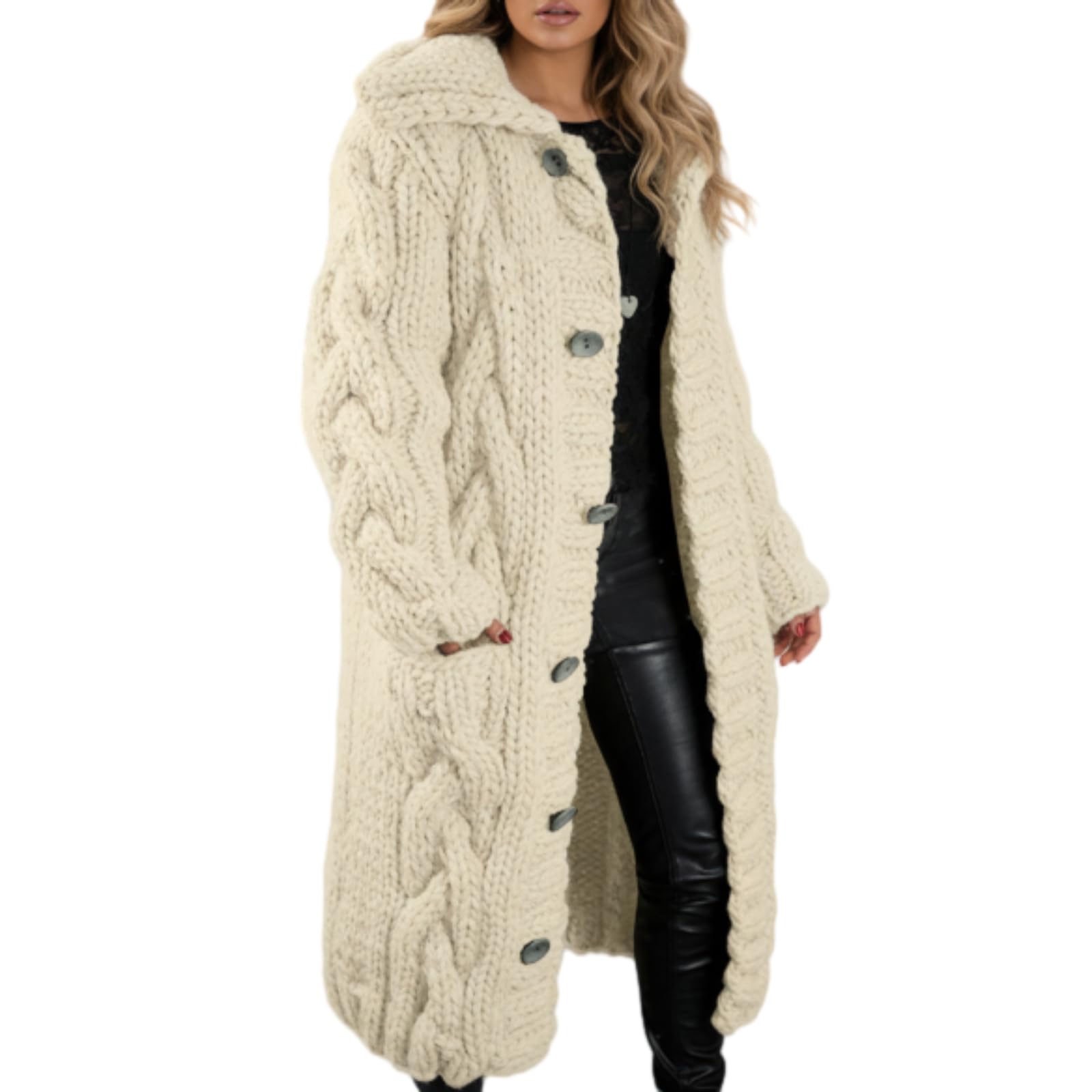 Womens Chunky Knit Hooded Cardigan Coat Oversized Button-Front Long Sweater with Pockets Cozy Warm Winter Outerwear