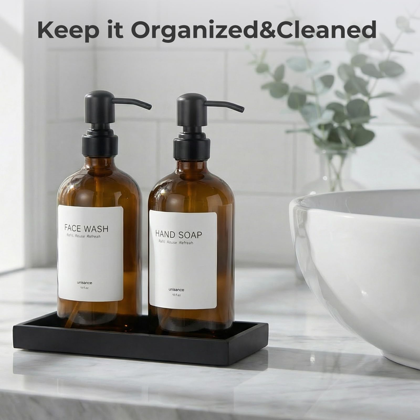 Set dispenser di sapone in vetro per cucina, dispenser di sapone per mani e piatti, con pompa in acciaio inossidabile e vassoio in resina, dispenser di sapone da banco ricaricabile moderno per cucina