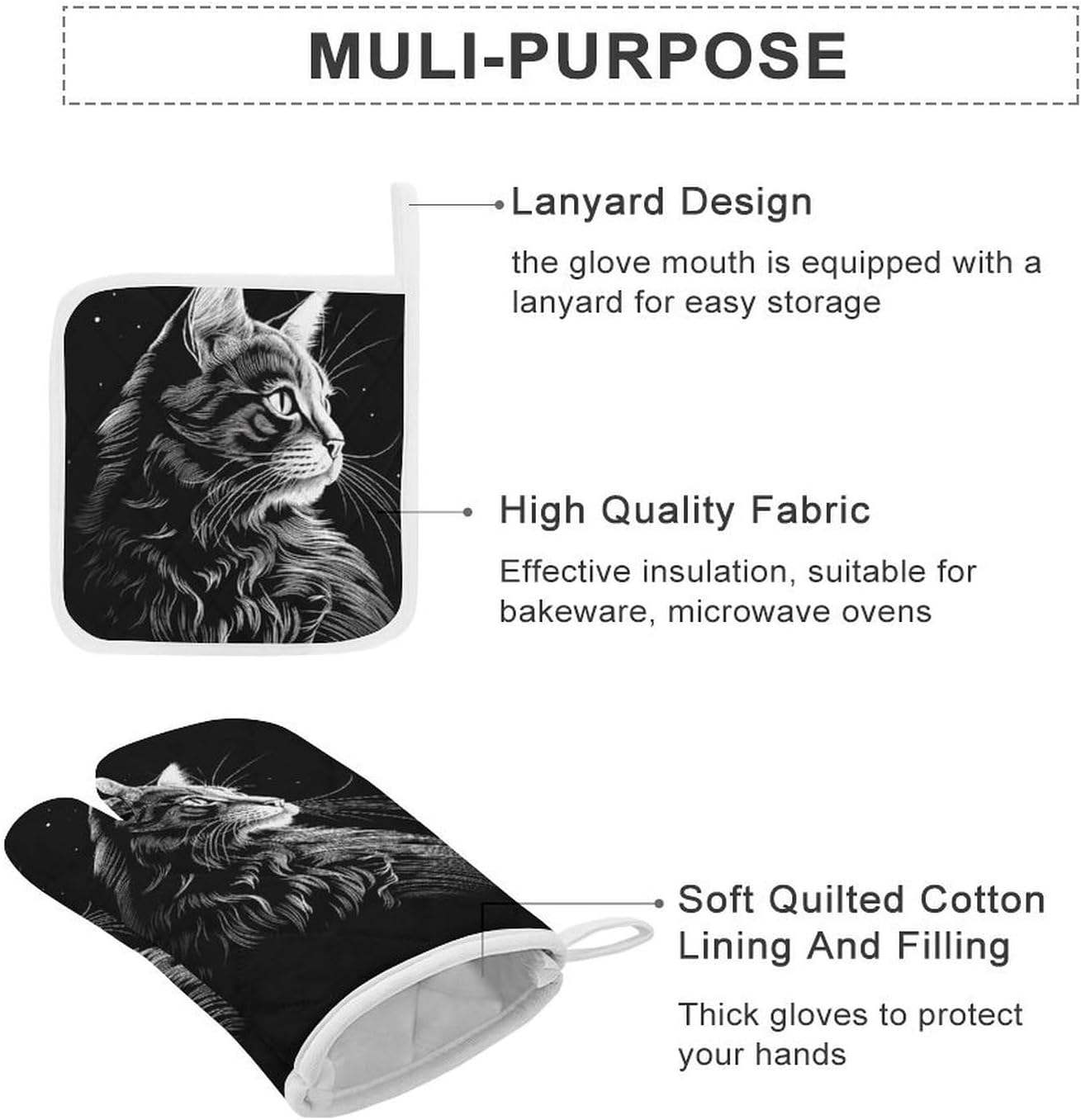 Oven Mitts Pot Holders Kitchen Cat Silhouette Heat Resistant Oven Glove for Baking and Cooking