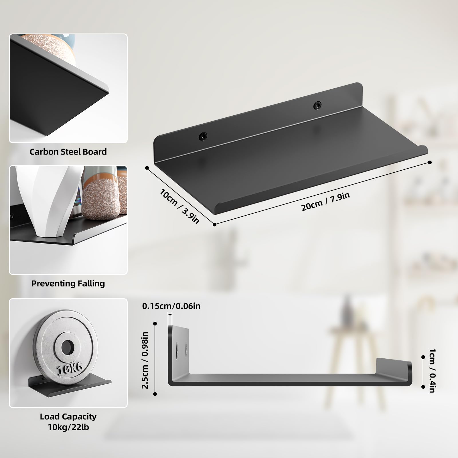 Wandrek 3-Delige Set, Zwevende Plank, Metalen Frame, Moderne Stijl, Voor Woonkamer, Slaapkamer, Keuken, Wit-Goud