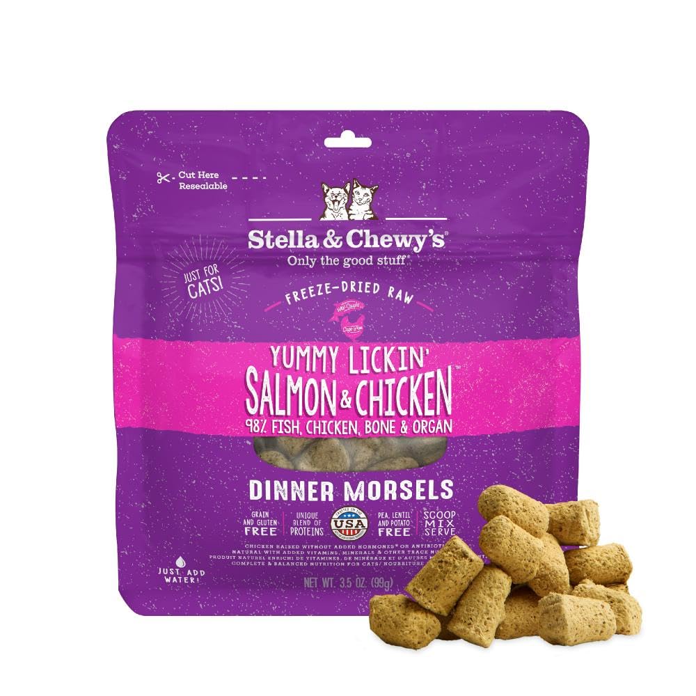 Stella & Chewy's Freeze-Dried Raw Cat Dinner Morsels - Premium Salmon & Chicken Recipe with 98% Wild-Caught & Cage-Free Protein - Natural Grain-Free Cat & Kitten Food - Made in USA - 3.5 oz