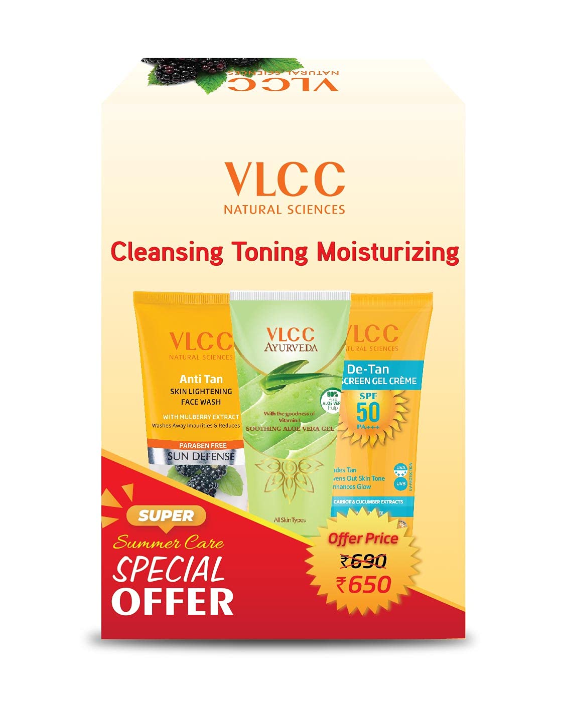 VLCC Anti Tan Face Wash (150ml), Ayurveda Aloevera gel (100gm) & Dtan Spf 50 Sunscreen (100gm