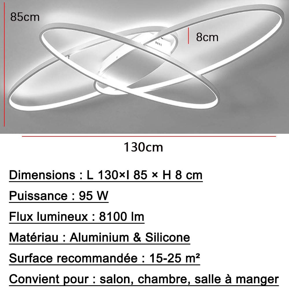LIUYU Plafonnier LED Salon Dimmable avec Télécommande, 95W Blanc 130x85 cm