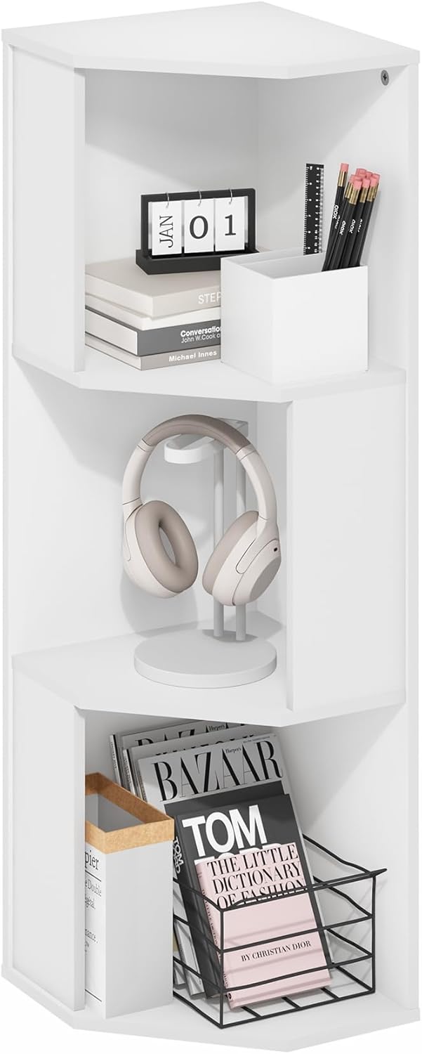 Furinno ECON Corner Shelf, 3-Tier Corner Book Shelf, Storage Shelves, Display Rack, Bookshelf, for Organization and Storage, Living Room, Home Office, Plain White
