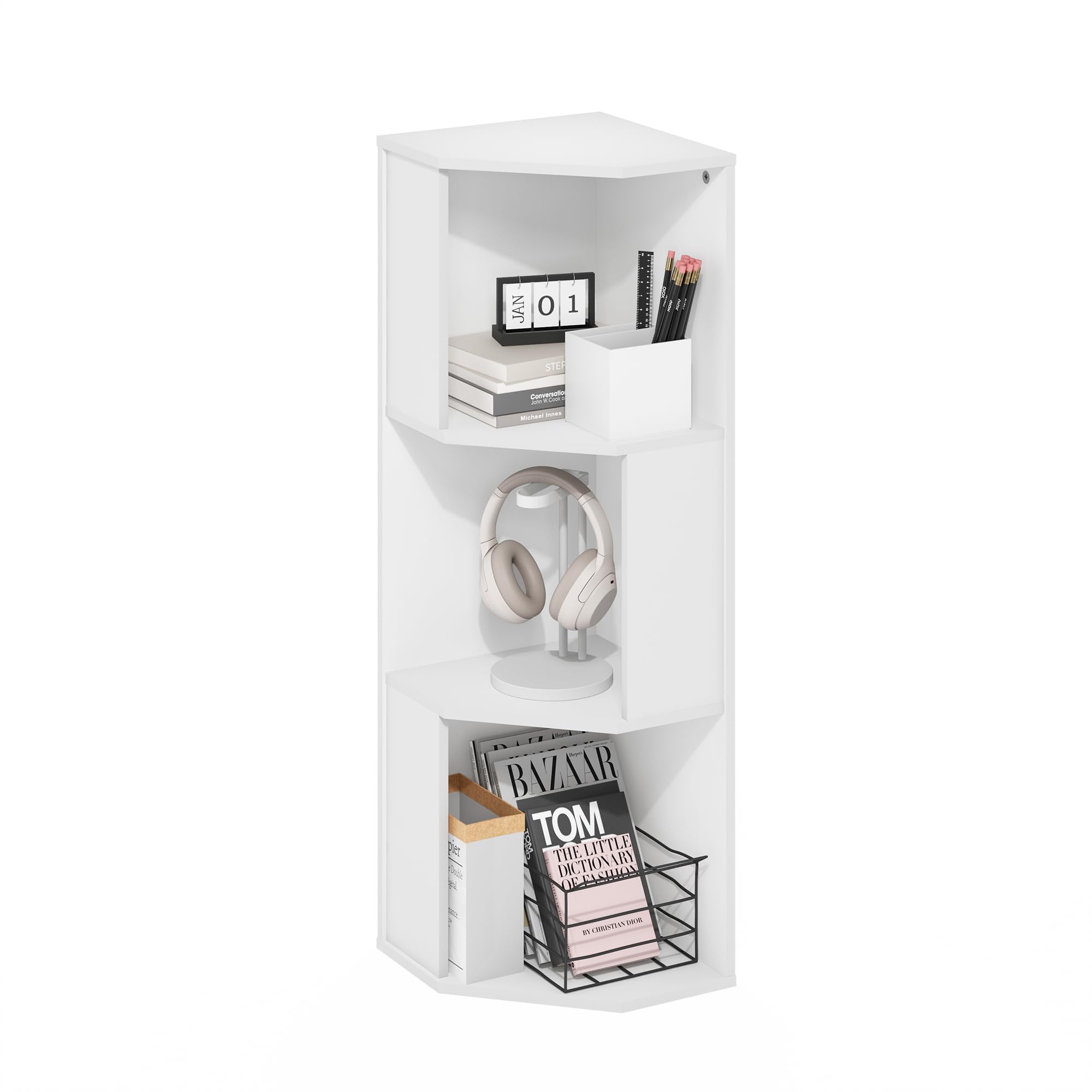 Furinno ECON Mensola Angolare, Libreria Angolare A 3 Ripiani, Scaffale Portaoggetti, Scaffale Espositivo, Libreria, Per Organizzazione E Contenimento In Soggiorno, Ufficio Domestico, Bianco